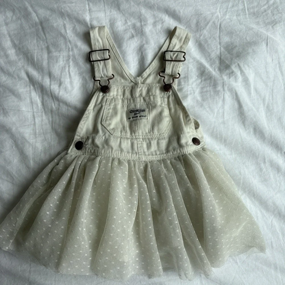 OshKosh Bgosh Kids Off White Denim Tulle Polka Dot Overall Dress Cottagecore